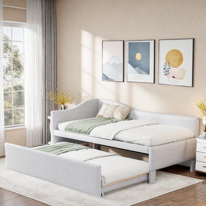 Upholstered L-shaped Upholstered Daybed With Pop Up Trundle, Beige