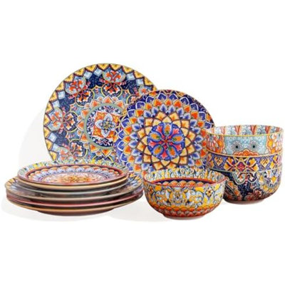 12-Piece Bohemian Porcelain Dinnerware Set for 4, Colorful Plates & Bowls