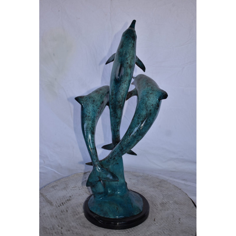 Statue de trois dauphins sautant sur l'océan en bronze 12 po x 12 po x H 25 po.