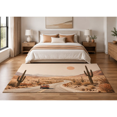 Tapis « Ultra Fin » 152 x 213 cm, motif paisible chemin de cactus du désert, idéal pour chambre d'enfant, chambre à coucher, salon et bureau à domicile, moquette douce à poils courts avec envers antidérapant en silicone