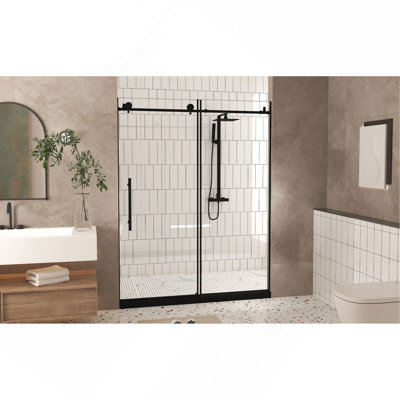 Frameless shower door 44-48 "W x 76"H, 1/4 "(6 mm) Clear Tempered Glass, Explosion Proof Film, Stainless Steel Handle, Matte Black