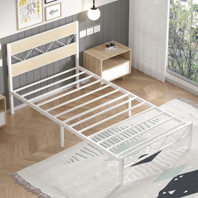 Abere (Set of 2) Twin Size Metal Platform Bed with Rustic Wood Headboard, No Box Spring Needed, Natural Wood/White