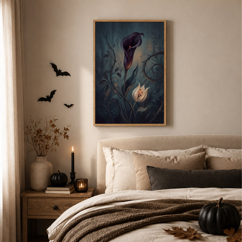 Lys calla violet foncé et vignes épineuses dans une toile murale d'Halloween sombre, H 48 po x l 32 po