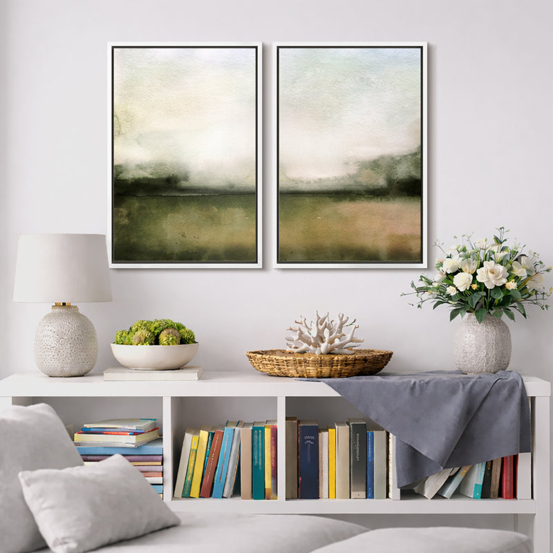 Minimal Landscape "Muted Green Watercolor Artwork, Classic Simple Minimalist Wall Pictures, Framed Canvas Giclee Print 2 Pieces Wall Art Set" 16x24x2 pcs, 24x36x2 pcs