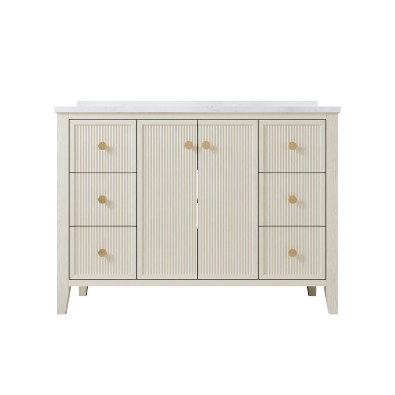 Meuble-lavabo sur pied l 48 po x H 35 po avec comptoir en quartz blanc Carrera et lavabo sous-comptoir simple, entièrement assemblé