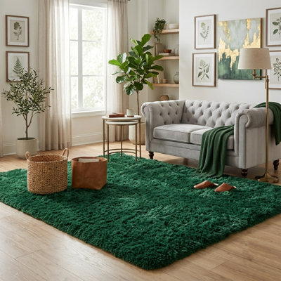Tapis vert à poil long moelleux vert idéal pour les salons, les chambres à coucher et les chambres d'enfants