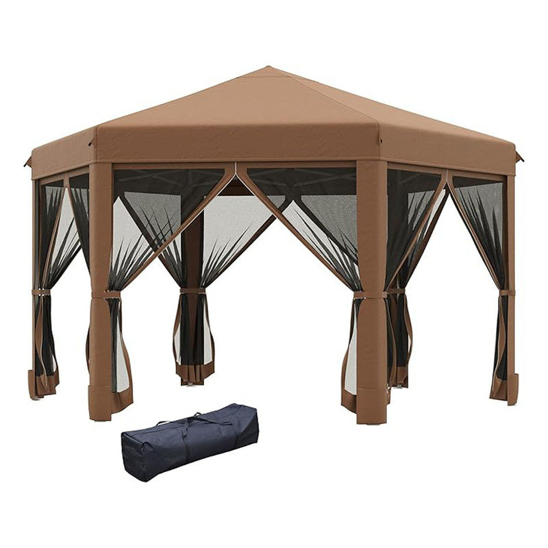Hexagonal Pop Up Gazebo, Outdoor Canopy Tent with 6 Mesh Sidewall Netting, 3-Level Adjustable Height, Brown