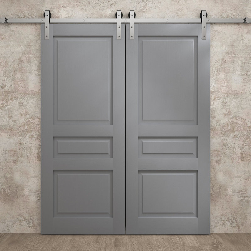 Porte de grange double moderne | Ego 5012 | Ensemble de rail argenté | Portes intérieures solides, Chêne gris peint