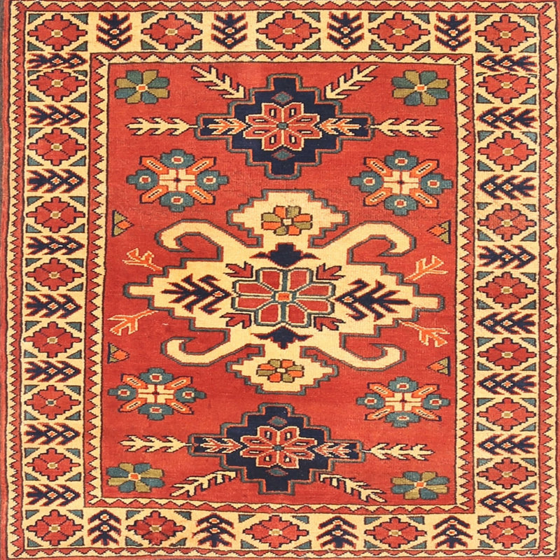 Tapis rouge/beige/bleu traditionnel Louissaint, Carré 4 pi