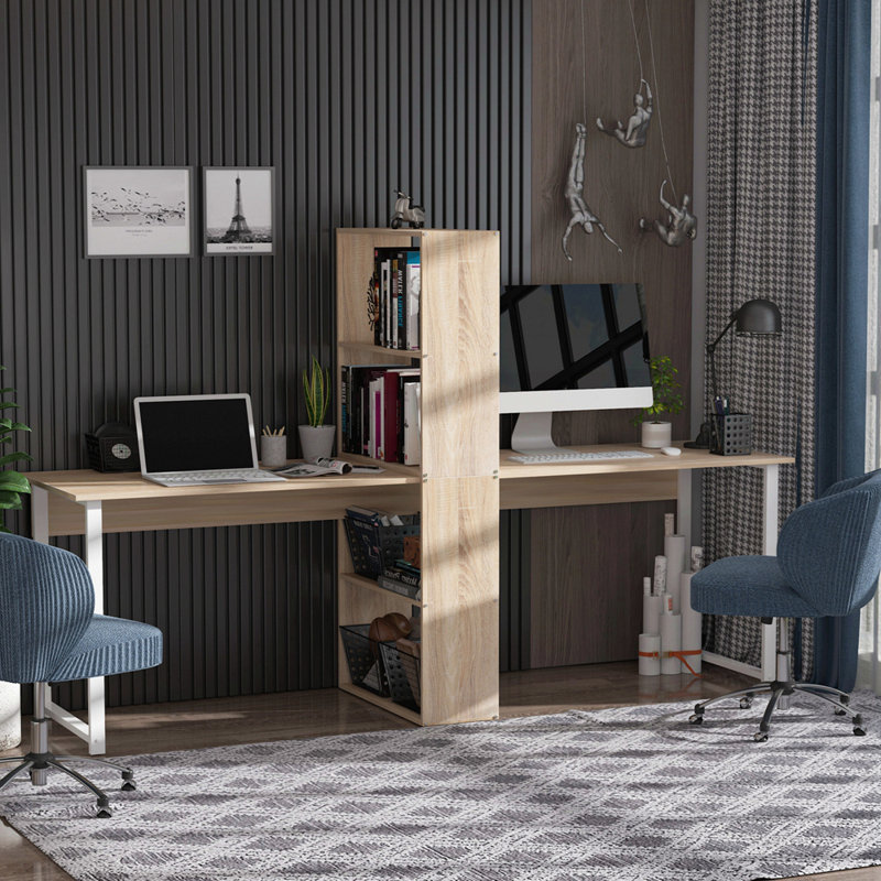 88" Extra Long 2-Person Computer Desk With Storage Shelves Combo, Double Workstation Storage Study Writing Table For Home Office, Bookshelf, Natural Wood