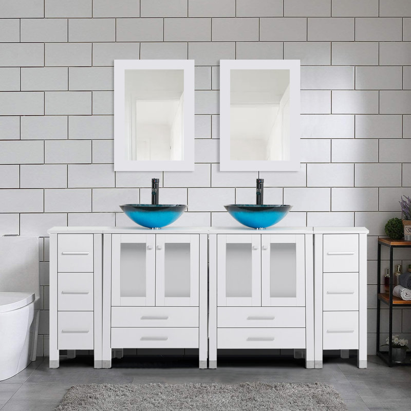 Ensemble de meuble-lavabo double 72 po avec plateau en bois, lavabo vasque, robinet en alliage de zinc et pieds en bois massif Gizzel