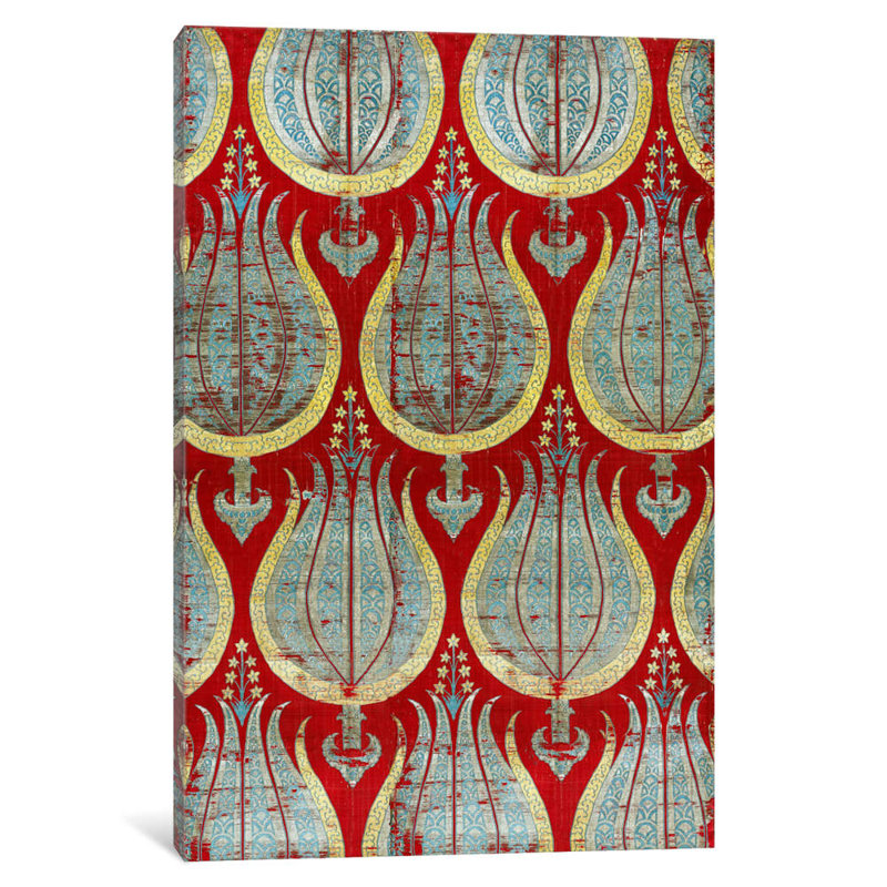 Ottoman Tulips, Silk & Silver Lamella Textile - Print on Canvas, No Frame, 66.04 cm H x 45.72 cm W x 3.175 cm D
