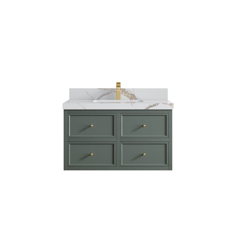 Roswell flottant 36 po X P 22 po De salle de bain simple en étain Quartz doré Calacatta