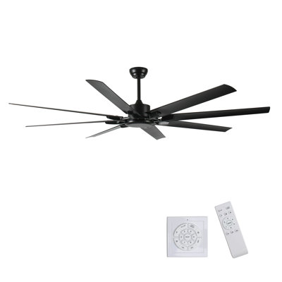75 Inch Industrial DC Motor Ceiling Fan No Light, Large Ceiling Fan With 8 Reversible Blades, 3 Downrods, 6-Speed Remote Control, Home Or Commercial Ceiling Fans For Porch/Garage/Shop, Black