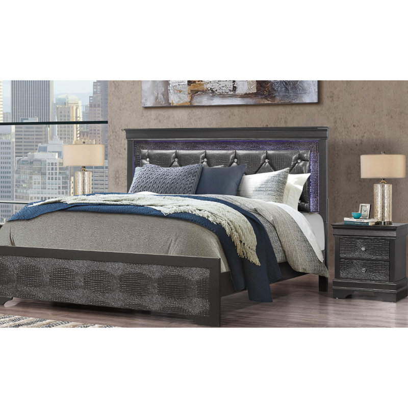 Grand lit moderne gris Shaker de style moderne avec éclairage à DEL et tête de lit rembourrée d'inspiration cristal, bois massif + lit, structure en bois d'hévéa pour la chambre à coucher, revêtement en similicuir, sommier