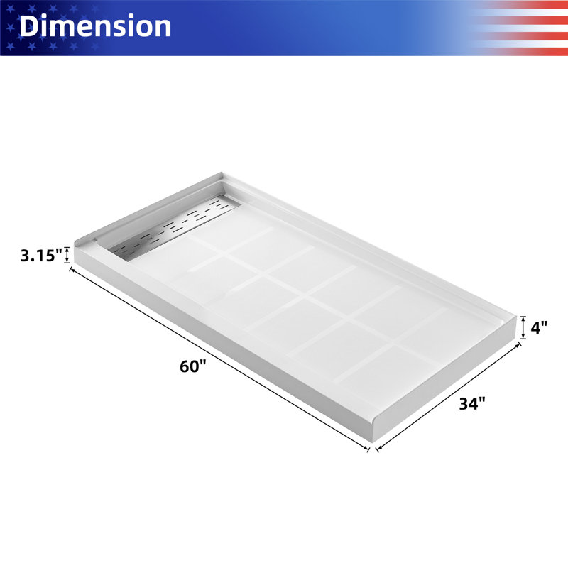 Base de bac de douche à seuil simple 60 po x 34 po avec ensemble de drain et couvercle de drain inclus, conception antidérapante