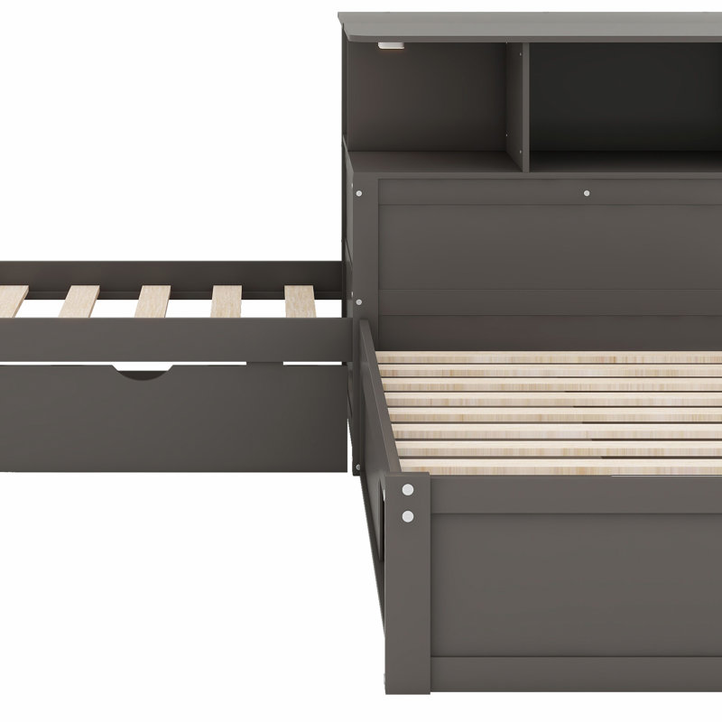 Lit en L peu encombrant avec bureau, tablettes de rangement, lit gigogne et lumières DEL, Gris