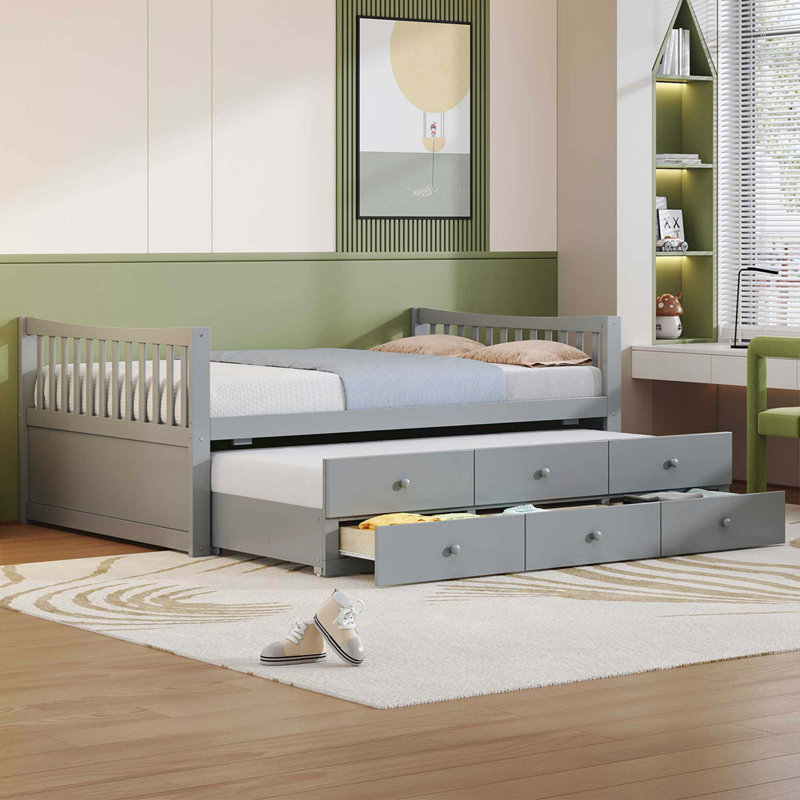 Lit de jour double avec lit gigogne simple et 3 tiroirs, Gris