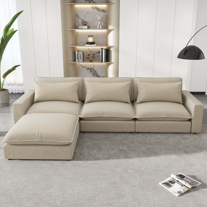 Canapé modulaire avec repose-pieds mobile, ports de charge et 3 coussins de dossier, Chenille beige