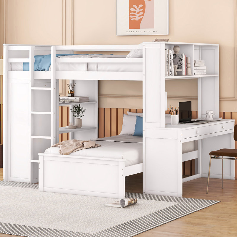 Hasel L Shaped Bunk Bed with Desk, Bookcase and Wardrobe, Gray, Twin over Twin