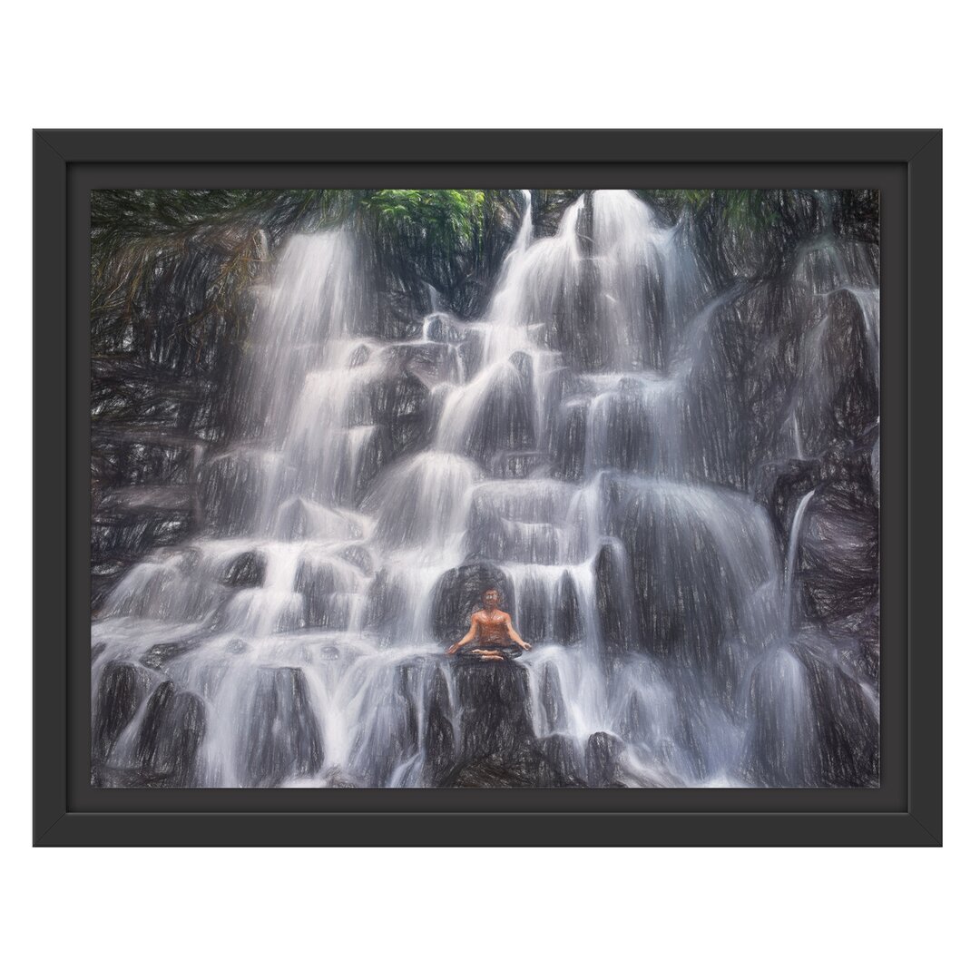 Gerahmtes Wandbild Yoga am Wasserfall in Bali