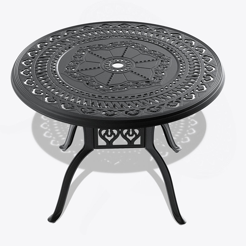 Table de salle à manger 39,37 pouces en fonte d'aluminium avec structure noire et trou pour parasol