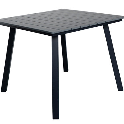 Table de salle à manger carrée pour l'extérieur avec trou pour parasol, structure en fer gris foncé antique et plateau en bois composite en plastique pour patio
