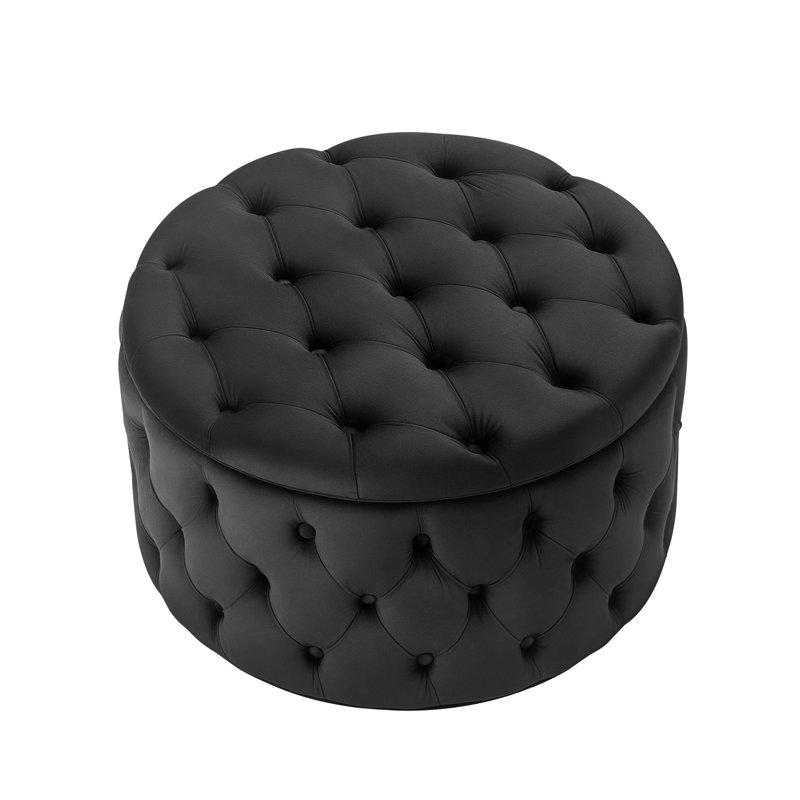 Amram Tufted Round Storage Ottoman, Black Velvet