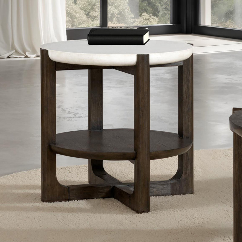 Table de bout de style transitionnel 1 pièce Table de bout en quartz avec base en tréteaux et finition noyer foncé