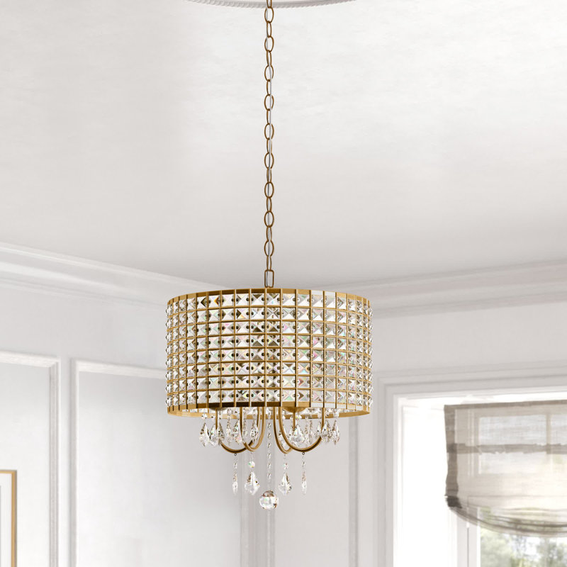 Lustre cylindrique unique à 4 lumières avec accents de cristal Armenio, H 15 po x l 17 po x P 17 po, Laiton / transparent