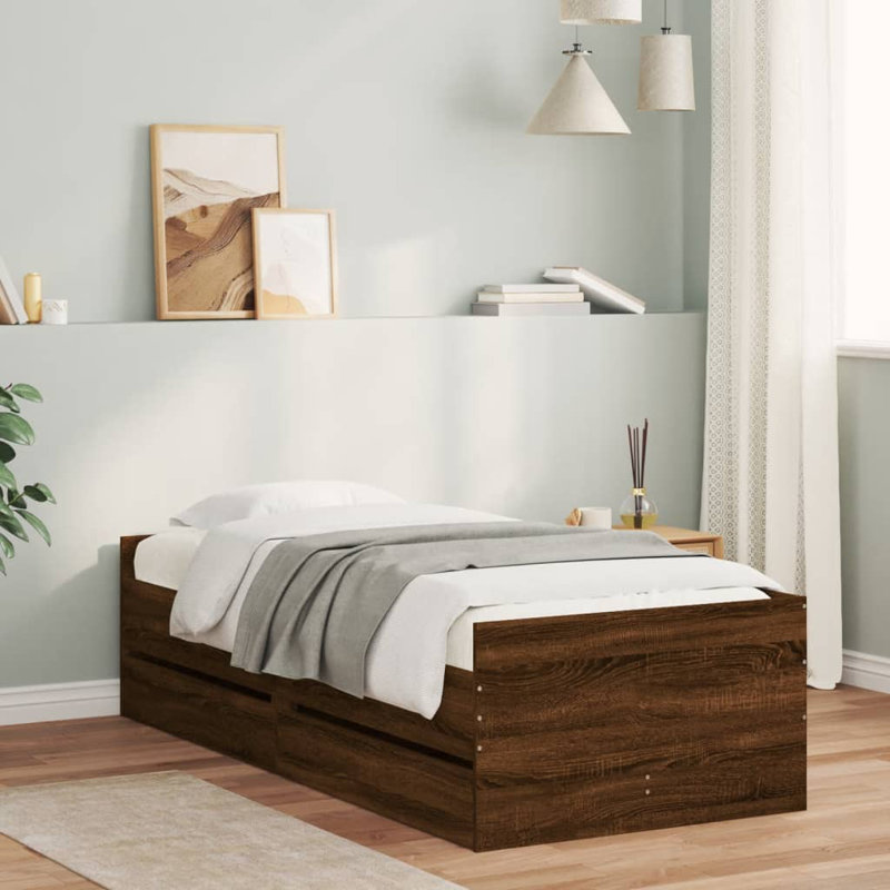 17 Stories Bed Frame With Drawers 75X190 Cm Small Single, Brown Oak, 78 x 193cm