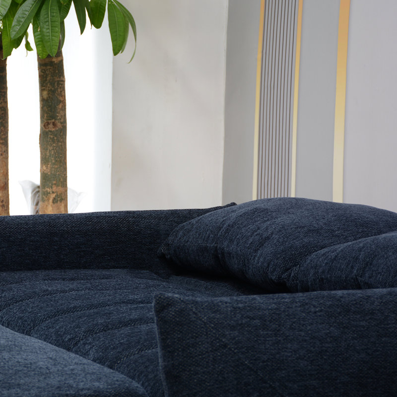 Futon de salon avec canapé réglable en tissu de velours bleu marine, revêtement très résistant et rangement pratique