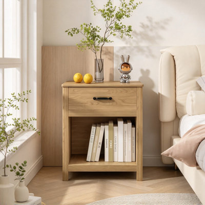 Wood Nightstand, Farmhouse Bedside Table with Drawer and Open Storage Compartment, End Side Table for Bedroom, Living Room