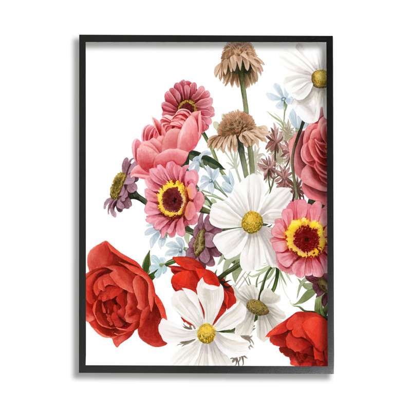 Bouquet de fleurs roses et rouges, printemps et marguerites par Grace Popp, H 14 po x l 11 po x P 1,5 po