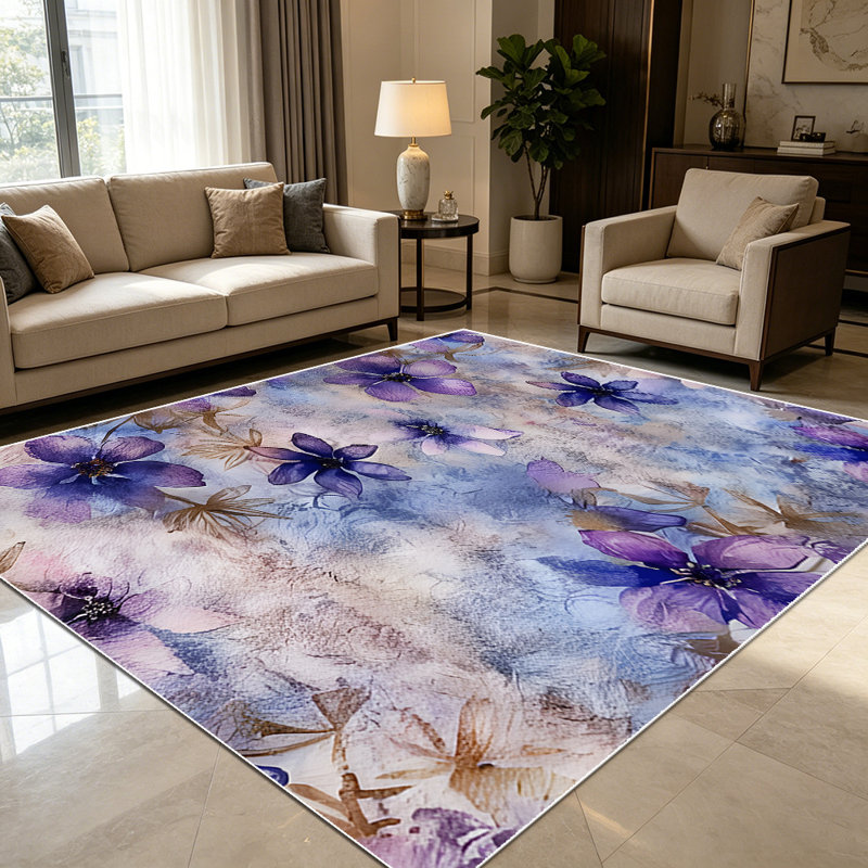 1PC Watercolor Purple Floral area rugs for Living Room, Soft and Comfortable, Suitable for all seasons, easy-to-maintain, machine washable Indoor floor mat, Under Table Farmhouse suitable for dining table, bedroom, entryway, backyard patio, kitchen,