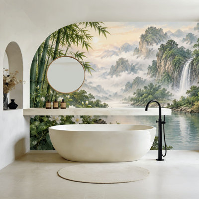 Peel and Stick Wallpaper Mountain River Landscape Waterfall Vegetation Serene Wall Murals 69"H x 96"W Removable PVC Wall Paper Self-Adhesive Wall Decor for Bedroom Living Room Home Office