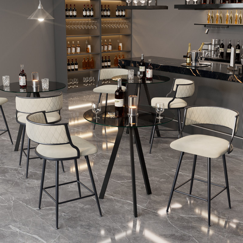 Bar Height Set, Tempered Glass Round Dining Table And Height Bar Stools, 5, Beige
