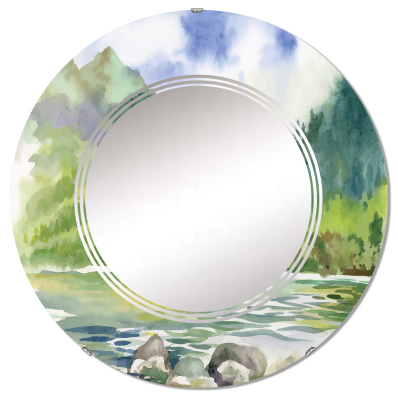 Beautiful Summer River Green Landscape III - Miroir mural rond, 32 po x 32 po