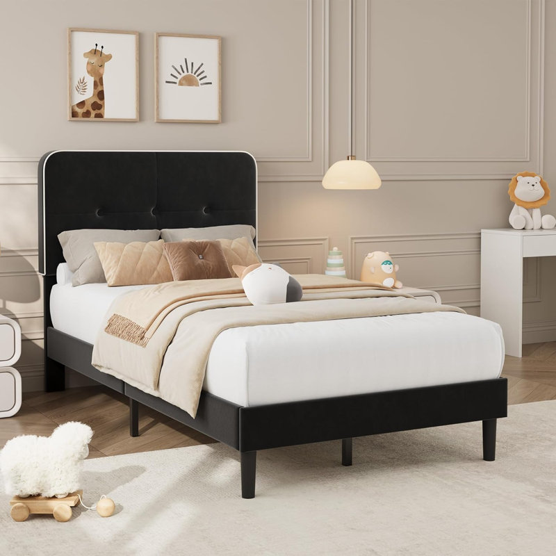 Lit plateforme tapissier en velours, cadre de lit avec tête de lit réglable, lattes de bois, support en métal, Lit simple