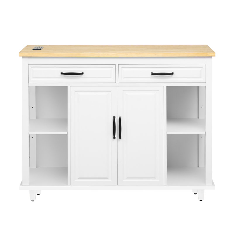 Extendable Kitchen Island With 47.2 X 19.7 Counter, Rubber Wood Table, Storage Cabinets, 2 Ac And 1 Type - C Outlet Outlets