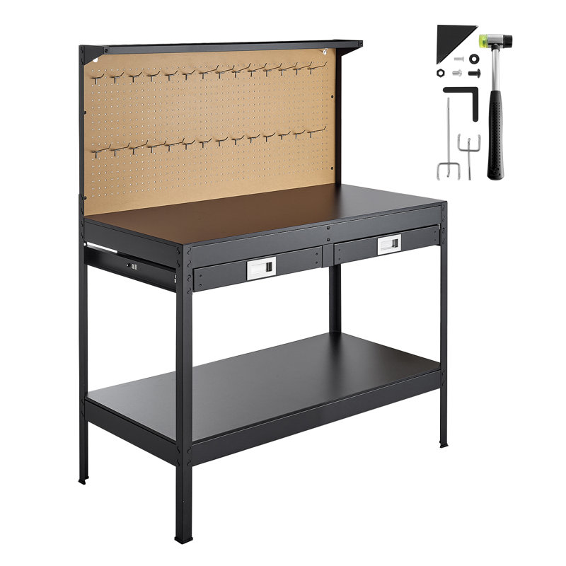 Fait en bois massif, capacité de charge de 110 kg, établi robuste de 120 cm avec panneau perforé, 4 prises secteur et 2 ports USB, câble de 1,5 m et 30 crochets, établi de garage avec tiroir pour atelier