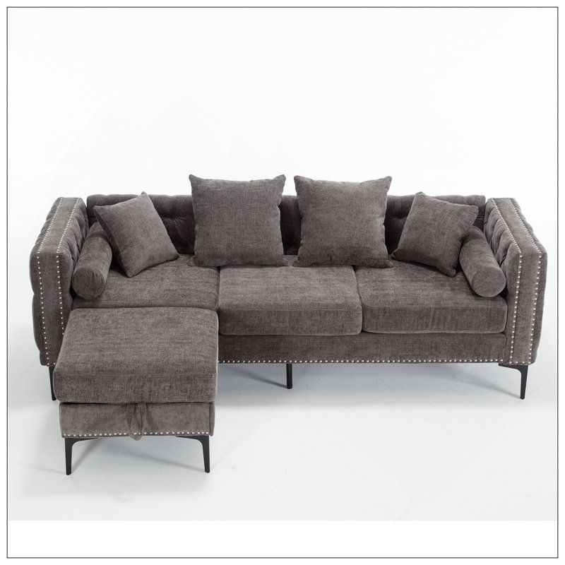 Canapé modulaire en L, repose-pieds convertible avec rangement, chenille, accoudoir carré, canapé capitonné moderne, 3 places et tête de clou