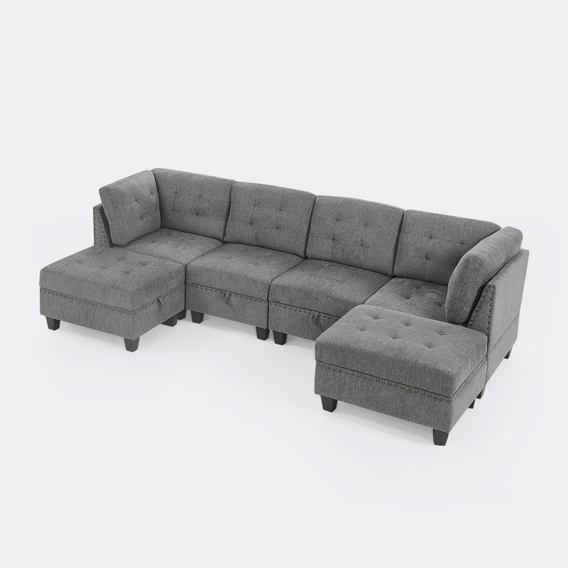 57" Wide Reversible Modular Seating Component Sectional with Ottoman,sectional sofa,sectional couch, Grey Chenille