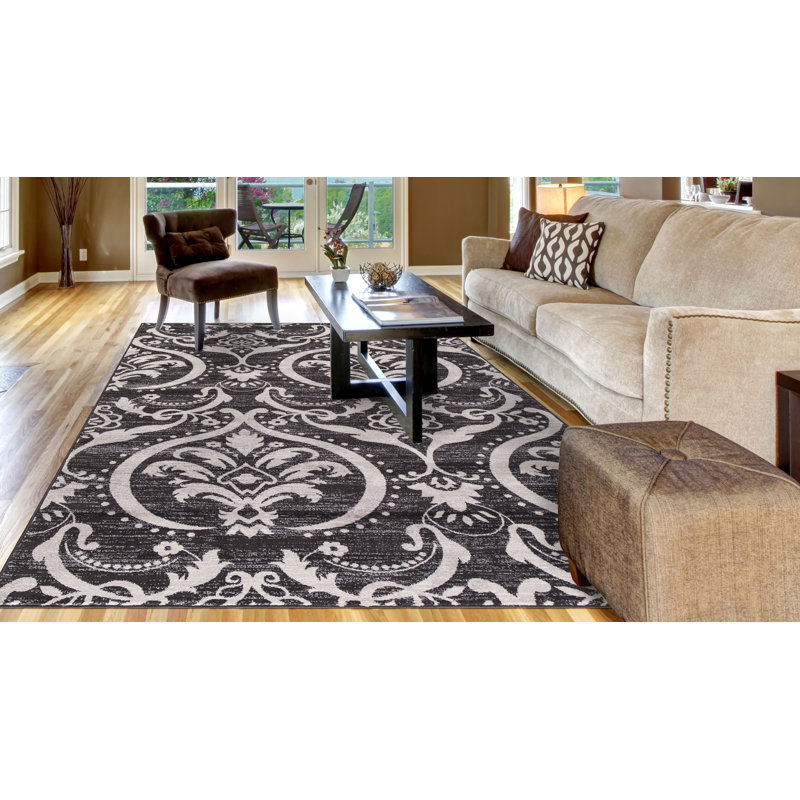 Oriental Machine Woven Damask Area Rug in Anthracite, Rectangle 8' x 10'