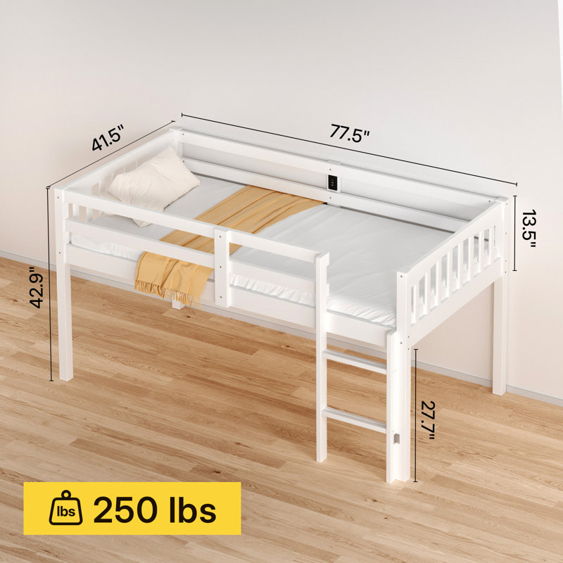 LED Light Soild Wood Kids Loft Bed, Twin Size with USB Charge, Twin