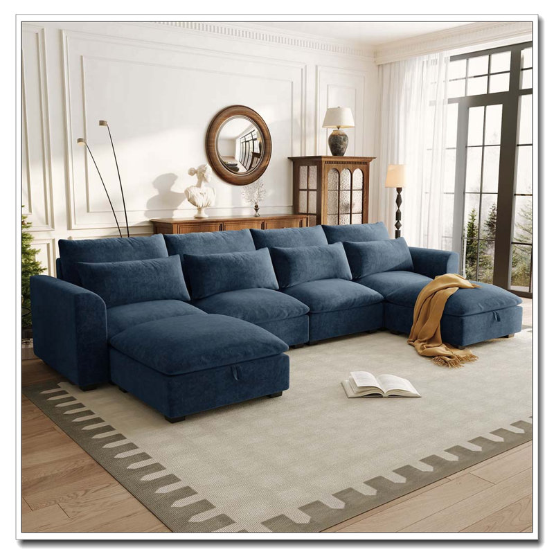 U-Shaped Freely Transformable Modular Corner Sofa with Two Ottomans