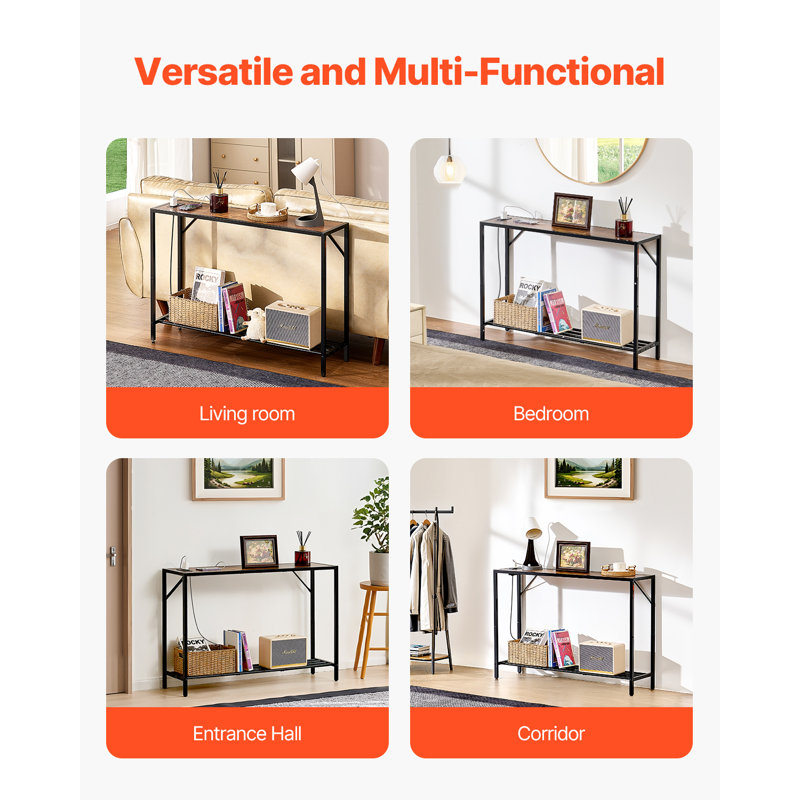 Console étroite de 106 cm (41,7 po) avec prises électriques, table d'entrée longue à 2 niveaux, table de canapé avec structure en métal et station de charge, idéale pour le corridor ou le salon.