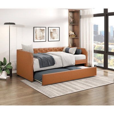 Modern Brown Faux Leather Daybed with Pull Out Trundle, Button Tufted Nailhead Trim, for Bedroom & Living Room