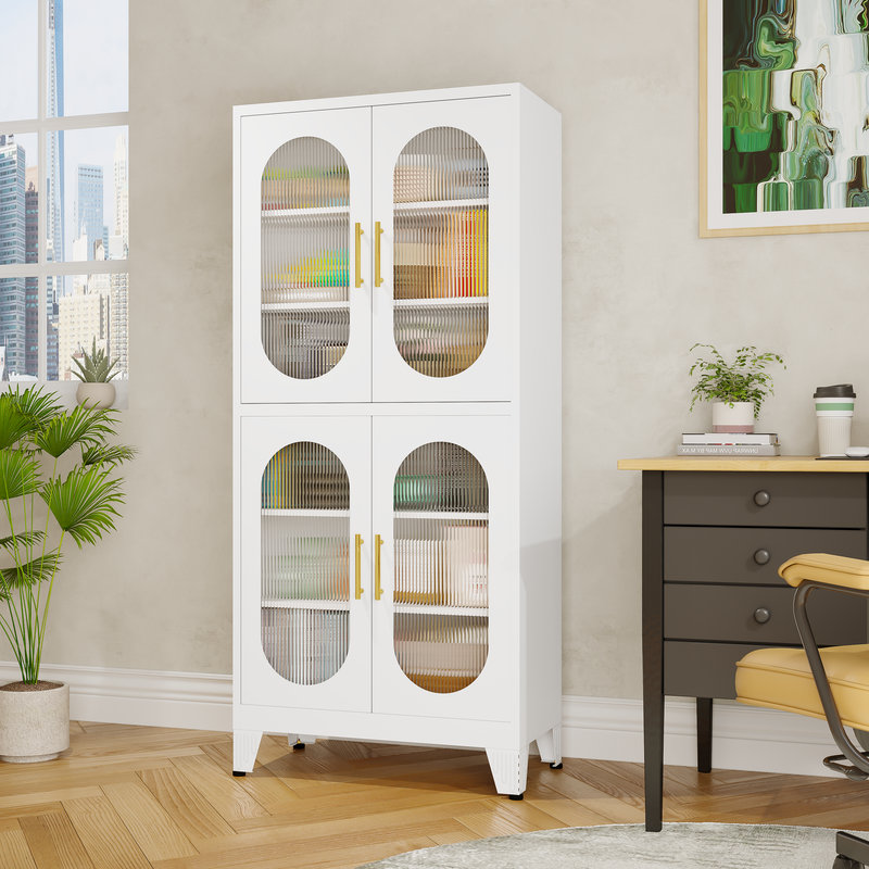 Metal Accent Storage Cabinet Tall with 4 Acrylic Glass Doors 4 Adjustable Shelves for  Kitchen, Laundry Room, Living Room