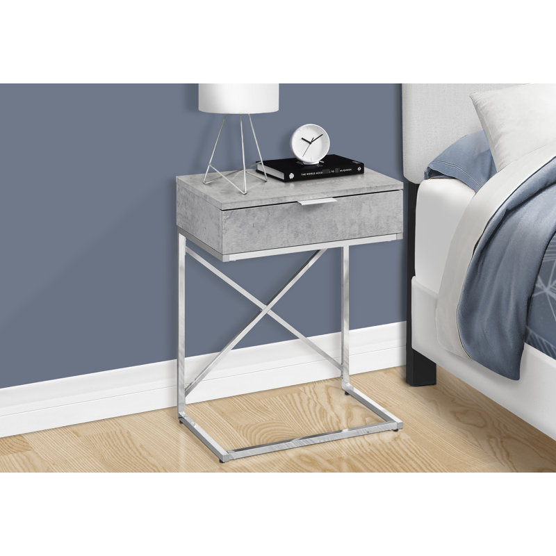Table d'appoint de salon contemporain avec tiroir de rangement - stratifié gris, plateau et base en stratifié latéral à structure métallique pour la décoration intérieure